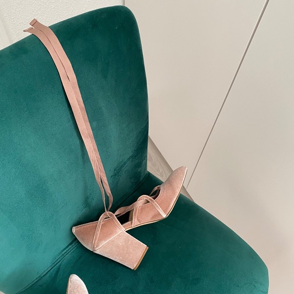 Pink Velvet Ballet Lace Up Block Heels - Picture 4 of 12